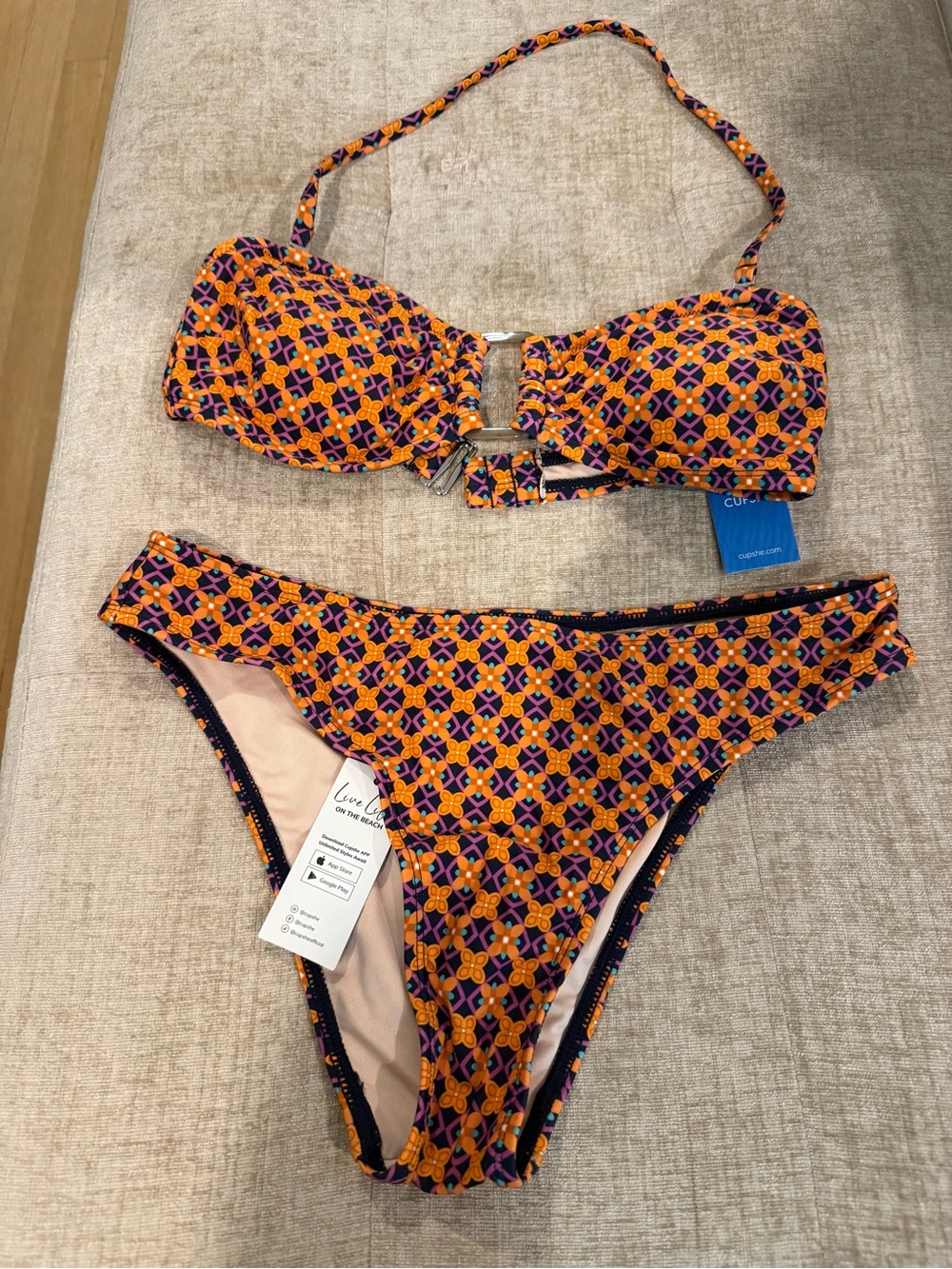 Orange & Navy Geometric Bandeau Bikini Set